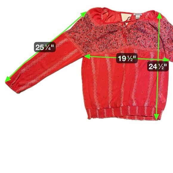 Lucky Brand Red Floral Boho Peasant Top XL Long Sleeve Tie Neck Blouse - Picture 6 of 6